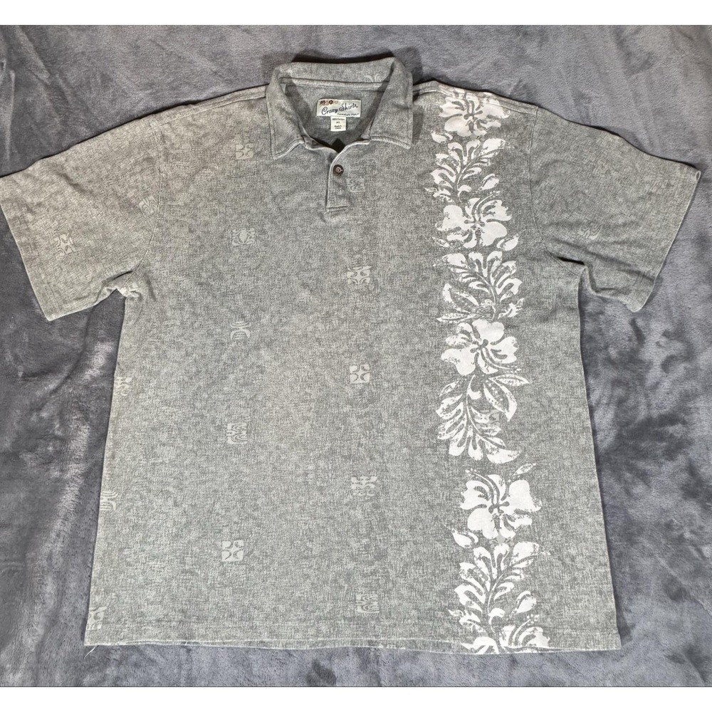 Crazy Shirts Polo Shirt Mens XL Gray Hawaiian Floral Hibiscus Cotton Knit